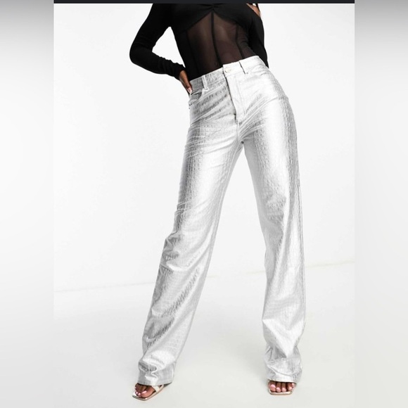Naked Wardrobe Silver Crocodile Faux Leather Bootcut Pants Size Small - Picture 1 of 11
